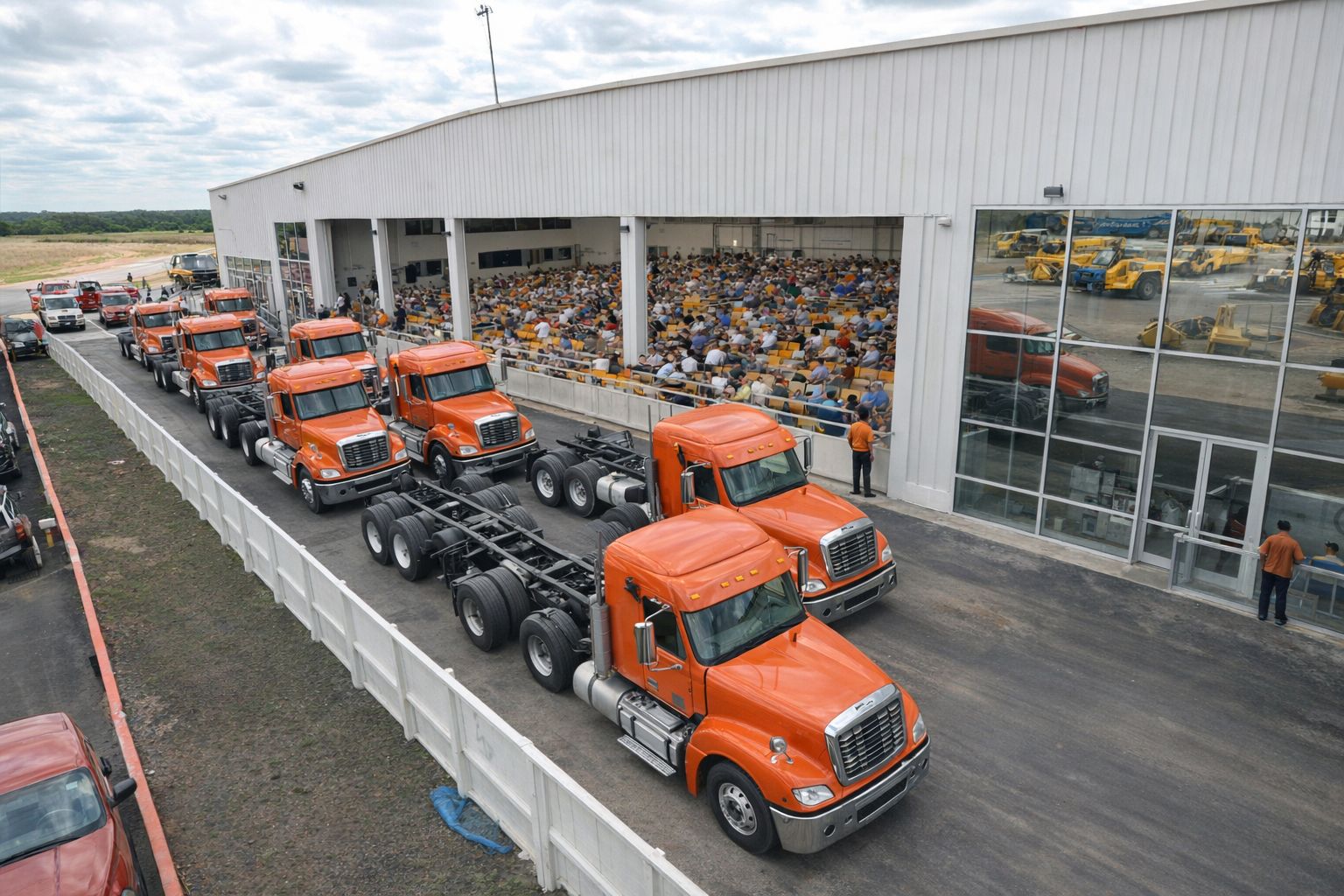 Orange begagnade lastbilar uppställda på rad vid en maskinauktion.
